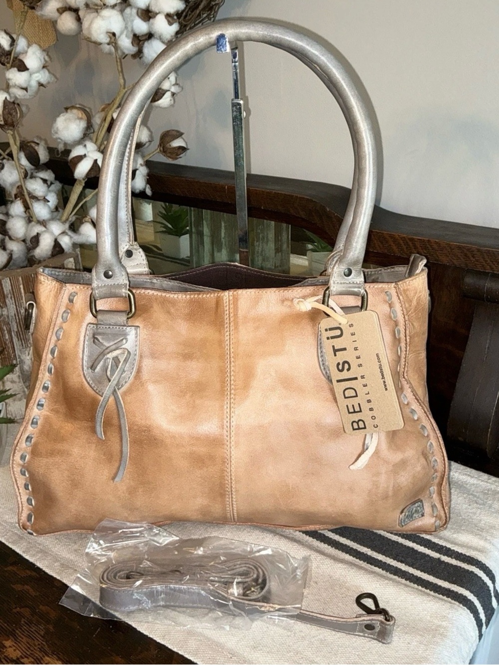 NWT Leather Bed Stu Rockababy Satchel Shoulder Bag Oats Icicle Rustic $295